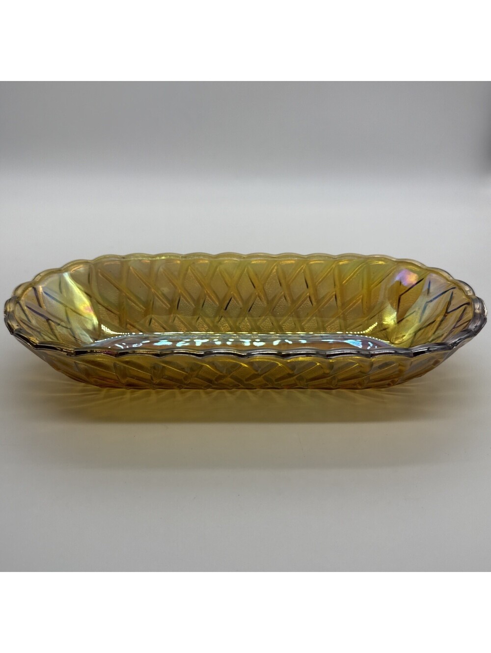 Vintage Marigold Carnival Glass Oval Celery Dish Banana Boat Bowl 10.5"